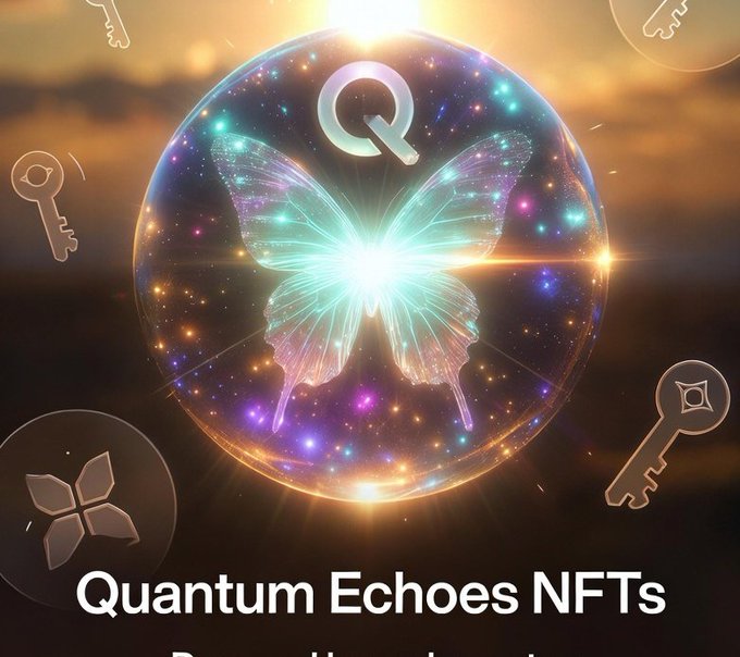 The image features a digital piece that is one-of-a-kind, as it is seeded by real quantum randomness. The title of the post reads "Quantum Echoes NFTs" which indicates the type of digital art or item being sold on Nuctus. The background of the image shows a butterfly and stars, adding to its uniqueness. The text in the image emphasizes that owning this piece is special because it's truly one-of-a-kind due to its unique seed mechanism.