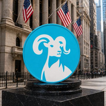 A blue circular sign featuring a white goat or ram silhouette sits on a pedestal in front of a building with American flags, evoking a financial district or stock exchange setting.