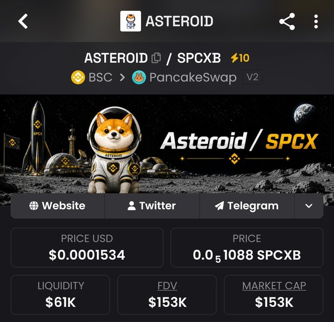 A cryptocurrency tracker app displays details for "ASTEROID / SPCXB" on PancakeSwap V2 via BSC, showing a price of $0.0001534 USD, a liquidity of $61K, and an FDV of $153K.