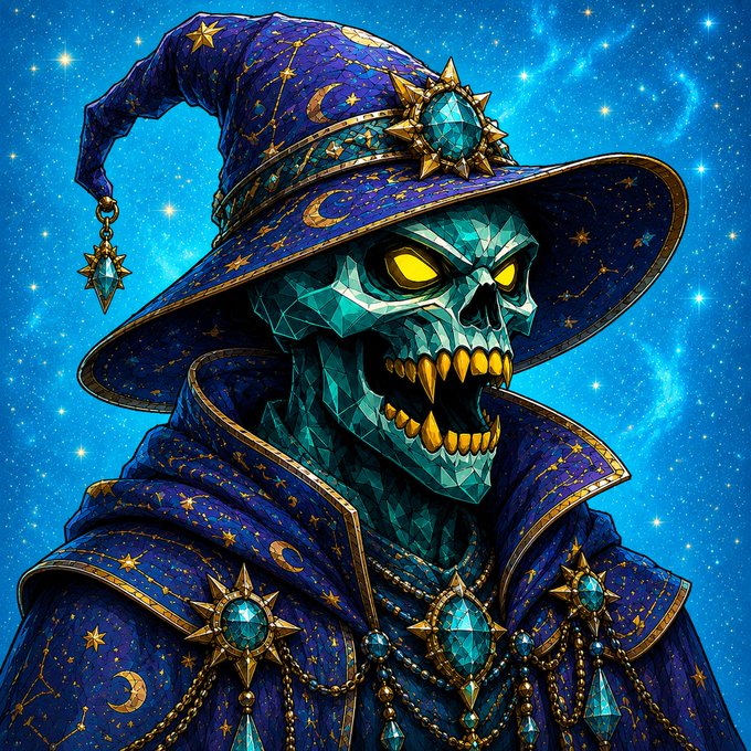 A fantasy illustration of a skeletal figure in a blue and gold starry wizard's hat and cloak, featuring glowing yellow eyes, gold teeth, and teal crystal jewelry against a starry blue background.