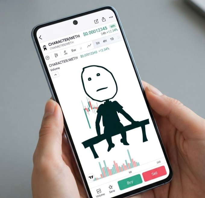 A person holds a smartphone displaying a crypto trading app showing "CHARACTER/WETH" at $0.00012345 with +12.34% gains, featuring a sad stick figure doodle on a bench overlay. The image humorously captures the meme-like patience of a crypto trader waiting for their $KIM micro-cap bag to moon, paired with the pump contract address.