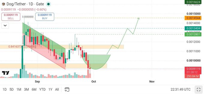 A TradingView chart displays Dog/Tether (DOGE/USDT) price action showing a descending triangle pattern that has broken upward, with current price at 0.0009119.