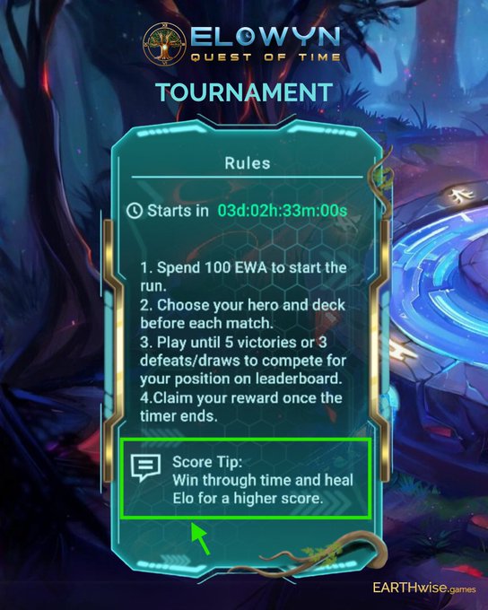 A 'Tournament' rules screen for 'ELOWYN QUEST OF TIME' shows the tournament starts in 03d:02h:33m:00s and lists rules including spending 100 EWA to start, with a Score Tip noting to 'Win through time and heal Elo for a higher score.'