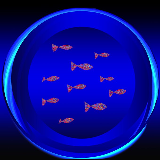 A glowing blue circular portal or bubble contains a school of small, iridescent red and blue patterned fish swimming within its translucent sphere. The image's theme of fish fits the ticker "Gn" (likely referring to a fish or aquatic-related symbol/company).