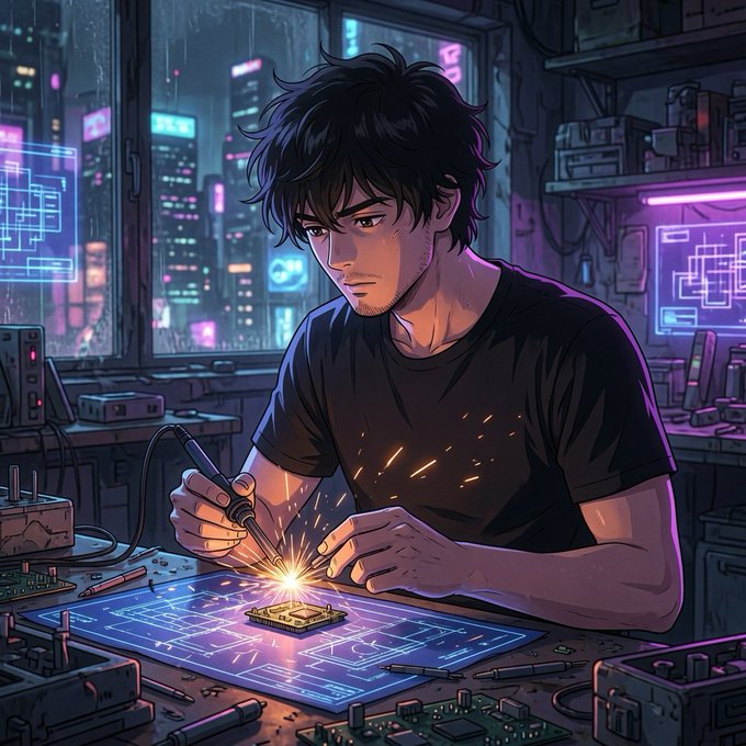 An anime-style illustration depicts a young man with dark hair soldering electronic components on a glowing blue circuit board in a neon-lit cyberpunk workshop at night.