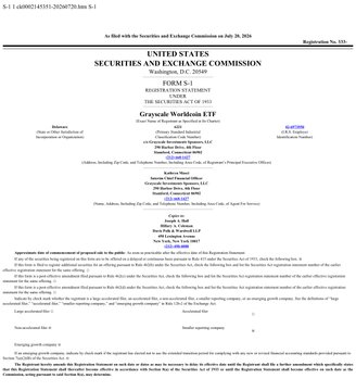 The image shows SEC Form S-1 cover page for "Grayscale Worldcoin ETF" under the 1933 Act, with Grayscale Investments Sponsors LLC listed as the sponsor, filed on July 28, 2026. This filing relates to the post about Grayscale filing an S-1 for a Worldcoin ($WLD) ETF.