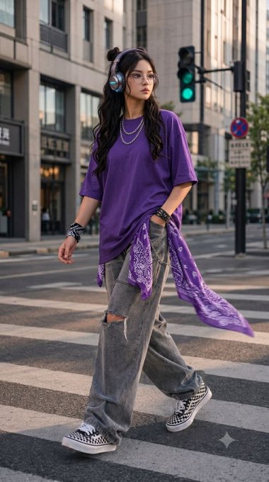 A young woman with long dark hair walking across a city crosswalk, wearing an oversized purple t-shirt, a purple bandana, distressed baggy jeans, checkered slip-on Vans, and silver headphones.
