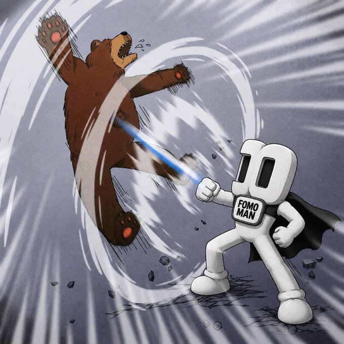 A white stick-figure superhero labeled "FOMO MAN" in a cape delivers a powerful blue energy punch to a brown bear, symbolizing the crypto figure fighting against market downturns. The illustration accompanies the post announcing FOMO Man's launch on the Solana blockchain.