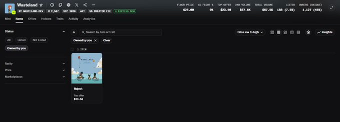 A screenshot of the Wasteland NFT collection on OpenSea, showing the collection logo and various statistics like floor price, volume, and listed items.