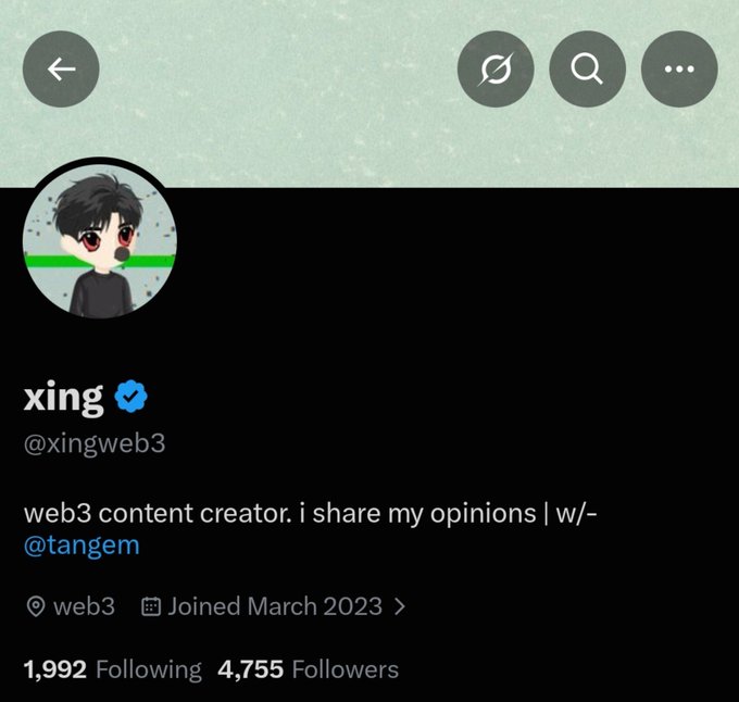 A Twitter/X profile screenshot for 'xing' (@xingweb3), describing them as a 'web3 content creator' who shares opinions with @tangem, joined March 2023, with 4,755 followers.