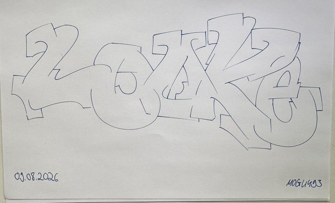 A hand-drawn sketch of graffiti-style bubble letters spelling a word on white paper, dated '09.08.2026' in the bottom left and signed 'MOGU403' in the bottom right.