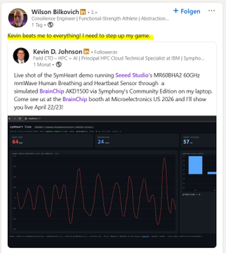 The image contains a screenshot of a Facebook message posted by Kevin D. Johnson, who is a functional strength athlete and computer engineer. The message features an animation that demonstrates how Akida can be used for exercise tracking during sports activities. The screenshot includes text at the top providing information about the person who posted the message and what they are showcasing on their blog or social media platform.