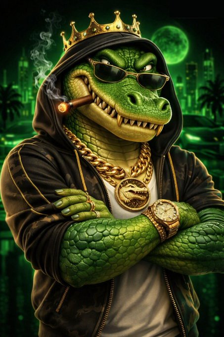 A digital illustration depicts a green alligator or crocodile wearing a gold crown, sunglasses, a black hoodie, gold chains with a medallion, and a gold watch, smoking a cigar against a green city skyline.