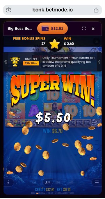 A screenshot from bonk.betmode.io showing a "SUPER WIN! $5.50" notification on a "Big Bass Bonanza" slot game, with a credit balance of $12.61 and a daily tournament promo active.