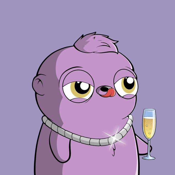 A cartoon illustration of a purple character wearing a silver chain necklace and holding a champagne flute against a solid lavender background.