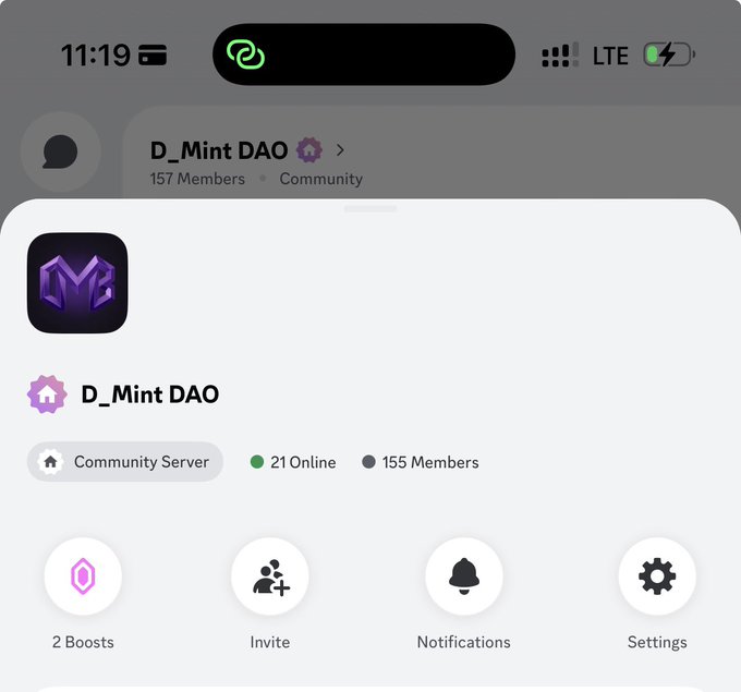A Discord server pop-up for "D_Mint DAO," a community server with 155 members and 21 currently online, advertised as a 25-member NFT-focused Discord with an active-participation requirement.