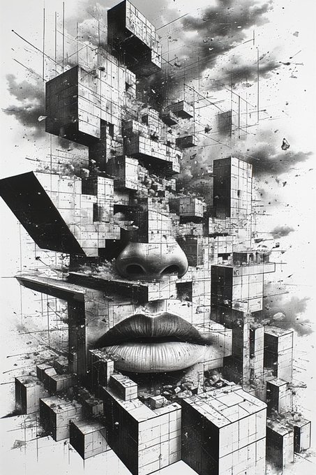 A black-and-white surreal artwork depicting a fragmented face with prominent lips, partially constructed from floating, shattering cubes and blocks against a cloudy sky.