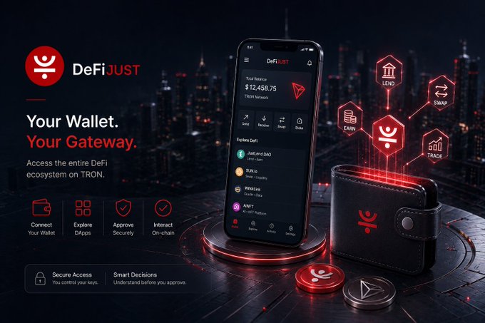 A promotional graphic for 'DeFiJUST' featuring the tagline 'Your Wallet. Your Gateway.' and the text 'Access the entire DeFi ecosystem on TRON.', showing a smartphone displaying a balance of $12,458.75 alongside a physical wallet, with icons for LEND, SWAP, EARN, and TRADE.