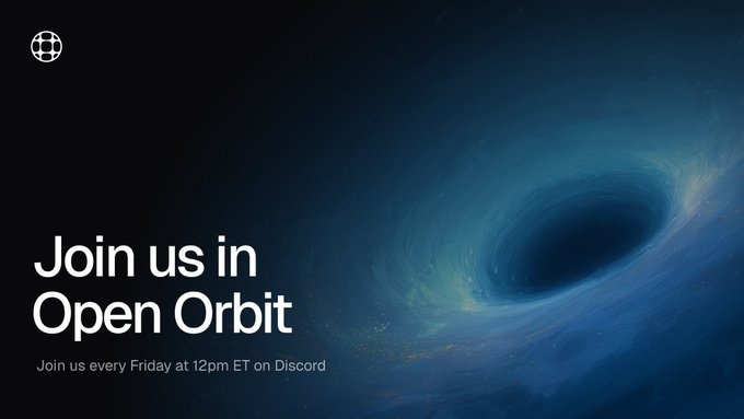 A promotional banner reads 'Join us in Open Orbit' with 'Join us every Friday at 12pm ET on Discord' next to an image of a black hole.