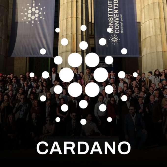 The image features a large group of people gathered around two banners that say "Cardano" written in white letters. The crowd consists of individuals wearing ties, suggesting a formal or professional setting. The scene appears to be set against a dark background with a building visible behind them. The text on the post reads, "What I've seen the past week actually made me happy", which could imply that the Cardano community has been successful in overcoming challenges and maintaining their support for one another during difficult times.
