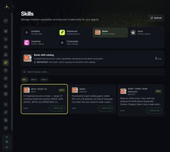 The screenshot displays a dark-themed "Skills" interface with sections like "Media and writing" and various skill options, including "WEB DESIGN" and "AGENT TRIAGE," with a yellow border highlighting one card. It appears to be a settings or configuration page related to managing skills, aligning with the post about LP stocks on @base with a local agent.