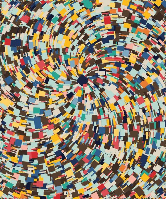 A vibrant, swirling abstract pattern composed of numerous small rectangular blocks in various colors including red, blue, yellow, black, and teal, radiating outward from a dark central point.