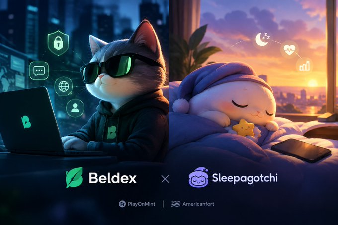 A promotional graphic featuring a cool cat character wearing sunglasses at a laptop for Beldex alongside a sleeping Sleepagotchi character in a purple bed, with PlayOnMint and Americanfort logos at the bottom.