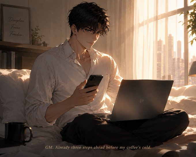 An anime-style illustration of a young man in a white shirt sitting cross-legged on a bed, holding a smartphone with a laptop on his lap, alongside a motivational sign reading 'Discipline Focus Freedom.'