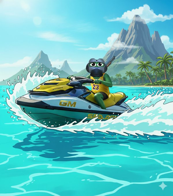 A vibrant cartoon illustration depicting a green frog character wearing a helmet and a jersey with the number 23, riding a yellow and white jet ski branded with "GM" and "SEXEM" through tropical turquoise waters near a mountainous coastline.
