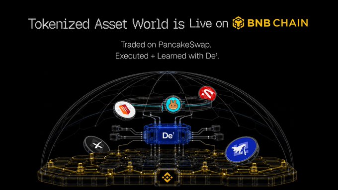 A promotional graphic reading 'Tokenized Asset World is Live on BNB CHAIN, Traded on PancakeSwap, Executed + Learned with De¹' showing digital asset icons in a wireframe globe.
