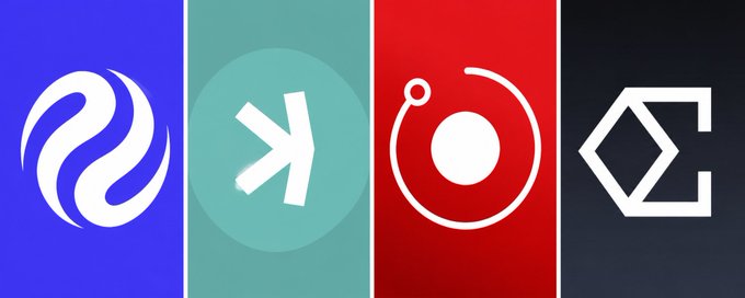 Four vertical panels displaying cryptocurrency logos: a white swirl on blue, a white 'X' on teal, a circular symbol on red, and a geometric 'Σ' symbol on dark gray.