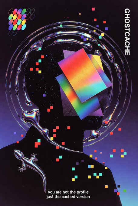 The image shows a graphic of a person holding a lizard, with their head tilted upwards as if they are observing something. The background of the image features a mix of squares and circles that appear to represent the internet or network of connections within a virtual space, possibly related to the GhostCache piece collection featured in the post.