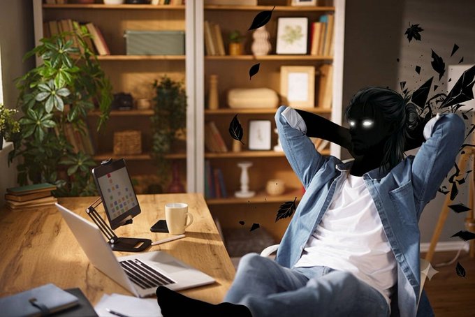 A person relaxes in a chair at a desk with a laptop and tablet, depicted with a black silhouette face with glowing eyes and dark leaves swirling around their head.