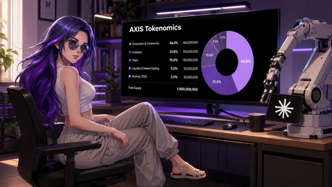 An anime-style woman with purple hair and sunglasses sits at a desk displaying 'AXIS Tokenomics' with a purple pie chart breakdown, alongside a robotic arm.