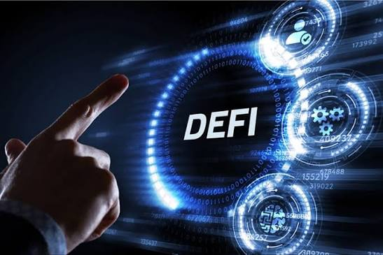 A conceptual image of a hand interacting with a futuristic digital interface displaying 'DEFI' (Decentralized Finance) surrounded by glowing blue tech icons and data streams.