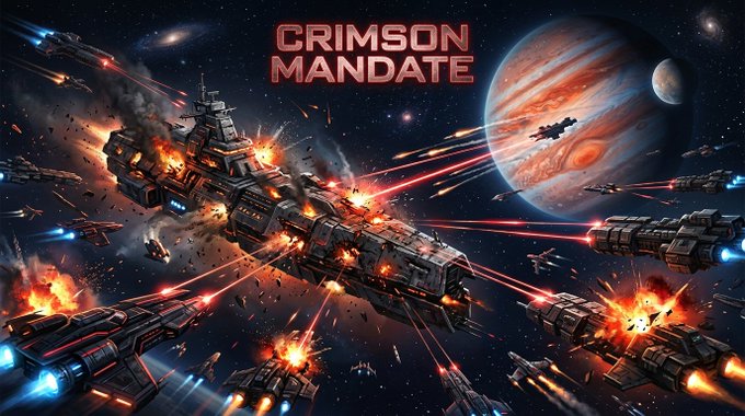 A dramatic space battle scene featuring massive warships exchanging laser fire and explosions near a Jupiter-like planet, with the title "CRIMSON MANDATE" displayed in bold red lettering at the top, capturing the intense MMO space strategy gameplay described in the accompanying post.