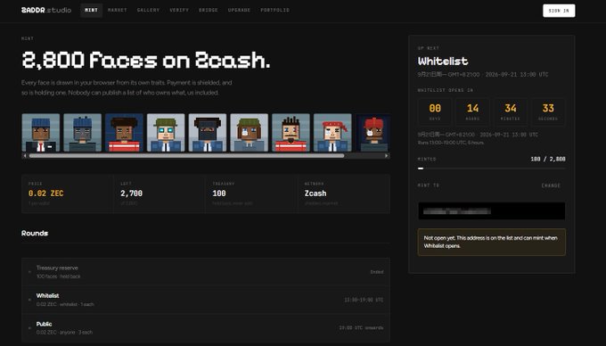 The image displays the official ZADDR minting website showing a pixel-art NFT collection of "2,800 Faces on 2cash," with all 100 whitelist spots filled (100/2,800) at 0.02 ZEC per mint, and reveals that team wallet "ZADDF" has already minted their allocation of 100 tokens. The interface confirms the mint is currently disabled because the public whitelist round has ended, matching the context that 100 tokens were reserved for the official team while 2,700 remain available for public minting using the password "ZADDR-OKGO51M-2800."