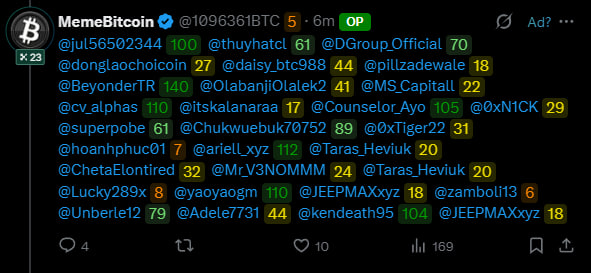 A screenshot of a post by user 'MemeBitcoin' (@1096361BTC) featuring a Bitcoin logo and a long list of tagged users with associated numbers.