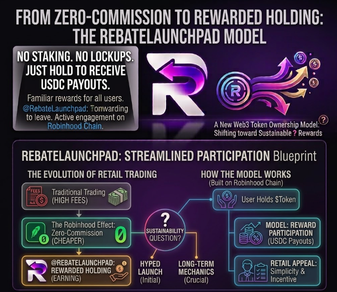 A promotional infographic titled 'FROM ZERO-COMMISSION TO REWARDED HOLDING: THE REBATELAUNCHPAD MODEL' explaining the evolution of retail trading and a new Web3 token ownership model on Robinhood Chain.