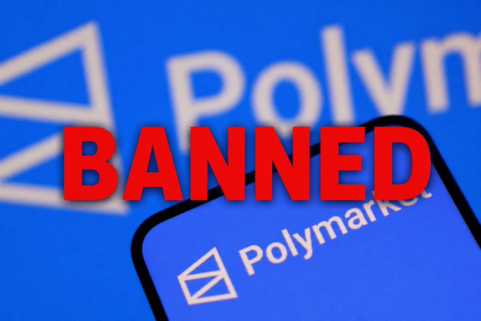 Image showing the Polymarket logo on a phone screen with a bold red 'BANNED' stamp overlaid.