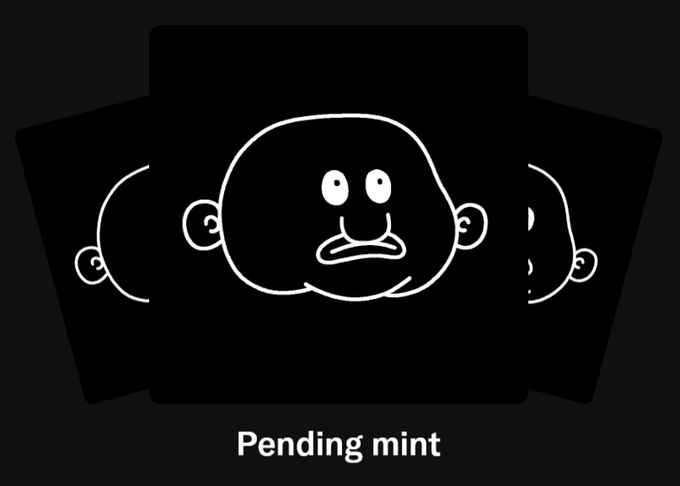A black graphic showing a stylized cartoon face with wide eyes and an open mouth, labeled 'Pending mint' beneath overlapping card-like shapes.