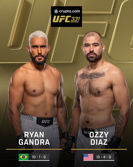 UFC 331 promotional poster featuring a face-off between Ryan Gandra (10-1-0, Brazil) and Ozzy Diaz (10-4-0, USA), sponsored by Crypto.com, advertising their matchup currently streaming live on Paramount Plus.