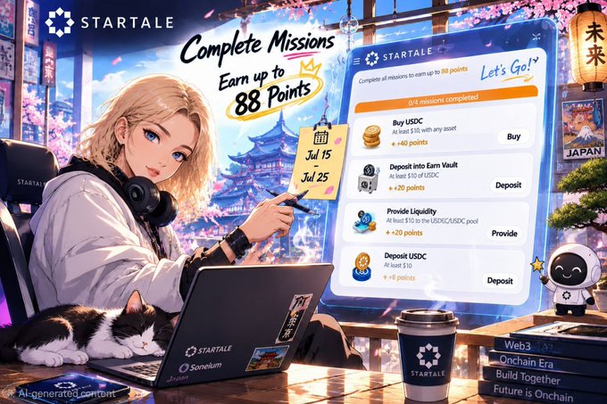 Anime-style promotional graphic for STARTALE featuring a woman at a laptop with a mission interface showing 'Complete Missions, Earn up to 88 Points' running July 15-25, including tasks to Buy USDC, Deposit into Earn Vault, Provide Liquidity, and Deposit USDC.