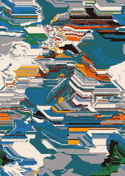 An abstract, heavily pixelated or glitched image composed of horizontal bands in shades of blue, orange, gray, and white.
