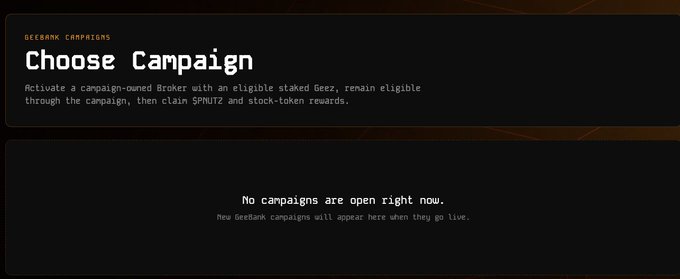 A dark web interface panel titled 'GEEBANK CAMPAIGNS' - 'Choose Campaign' contains text explaining how to activate a campaign-owned Broker, with a message stating 'No campaigns are open right now. New Geebank campaigns will appear here when they go live.'