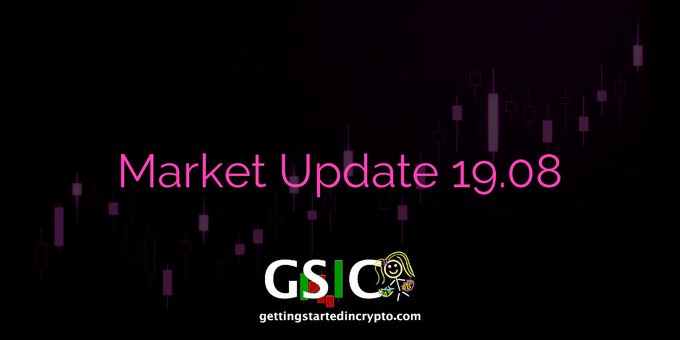 A graphic with a black background and purple candlestick chart lines featuring pink text that reads 'Market Update 19.08' and the logo 'GSIC gettingstartedincrypto.com'.