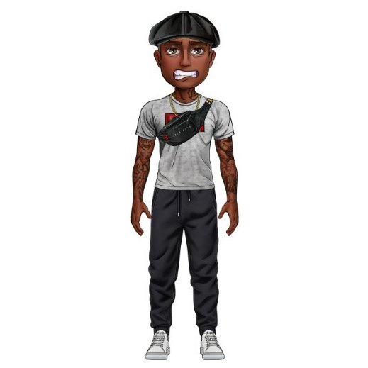 A 3D Bitmoji-style avatar of a young man wearing a black newsboy cap, grey t-shirt, black sweatpants, and a black fanny pack, with visible tattoos on his arms.