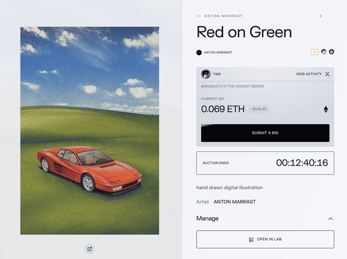 A NFT auction listing for 'Red on Green' by ANTON MARRAST, depicting a red Ferrari on a green hill, with a current bid of 0.069 ETH and 12:40:16 remaining.