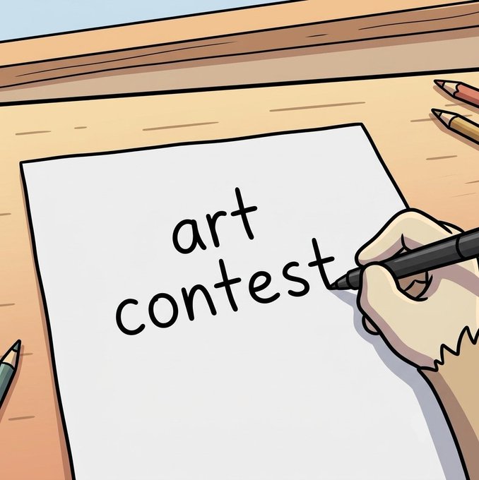 A furry hand uses a black marker to write "art contest" on a blank sheet of paper resting on a wooden desk alongside colored pencils. The handwritten text visually represents the "Chimpies Art Contest" promoted in the post, symbolizing the invitation for the Solana community to create original artwork.