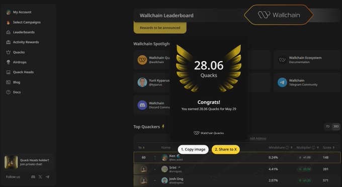 The image shows a screenshot of a website called "Wallchain", which displays a list of users who have been accepted into a campaign, along with their names and scores. The top scorers are listed first, followed by those who scored between 0 and 9 points, and then those who scored between 10 and 19 points. The post also mentions that the top scorers were accepted today on @wallchain quack quack.
